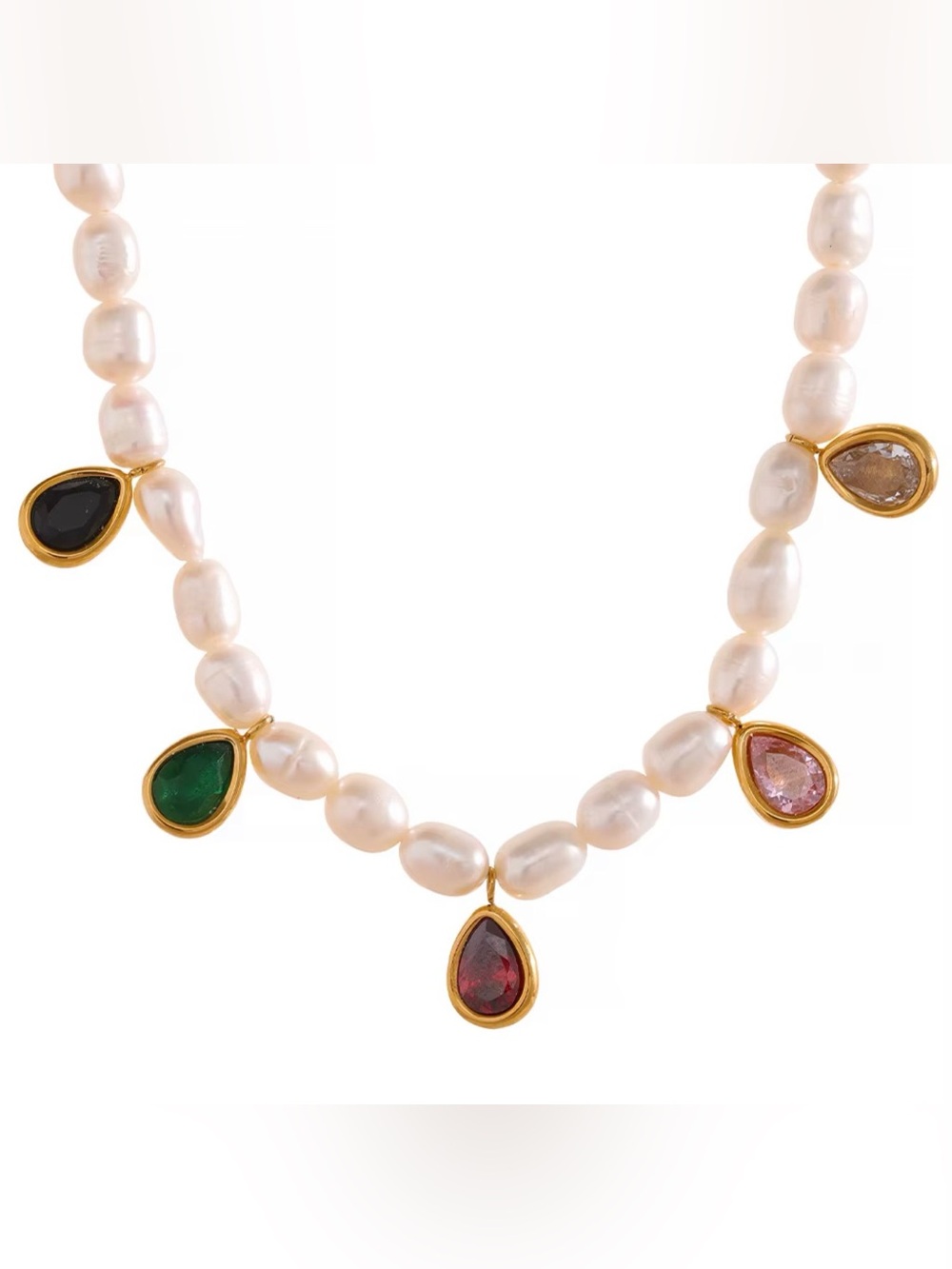 Elegant Fresh Water Pearl Necklace with Multicolor Teardrop Gem Accents